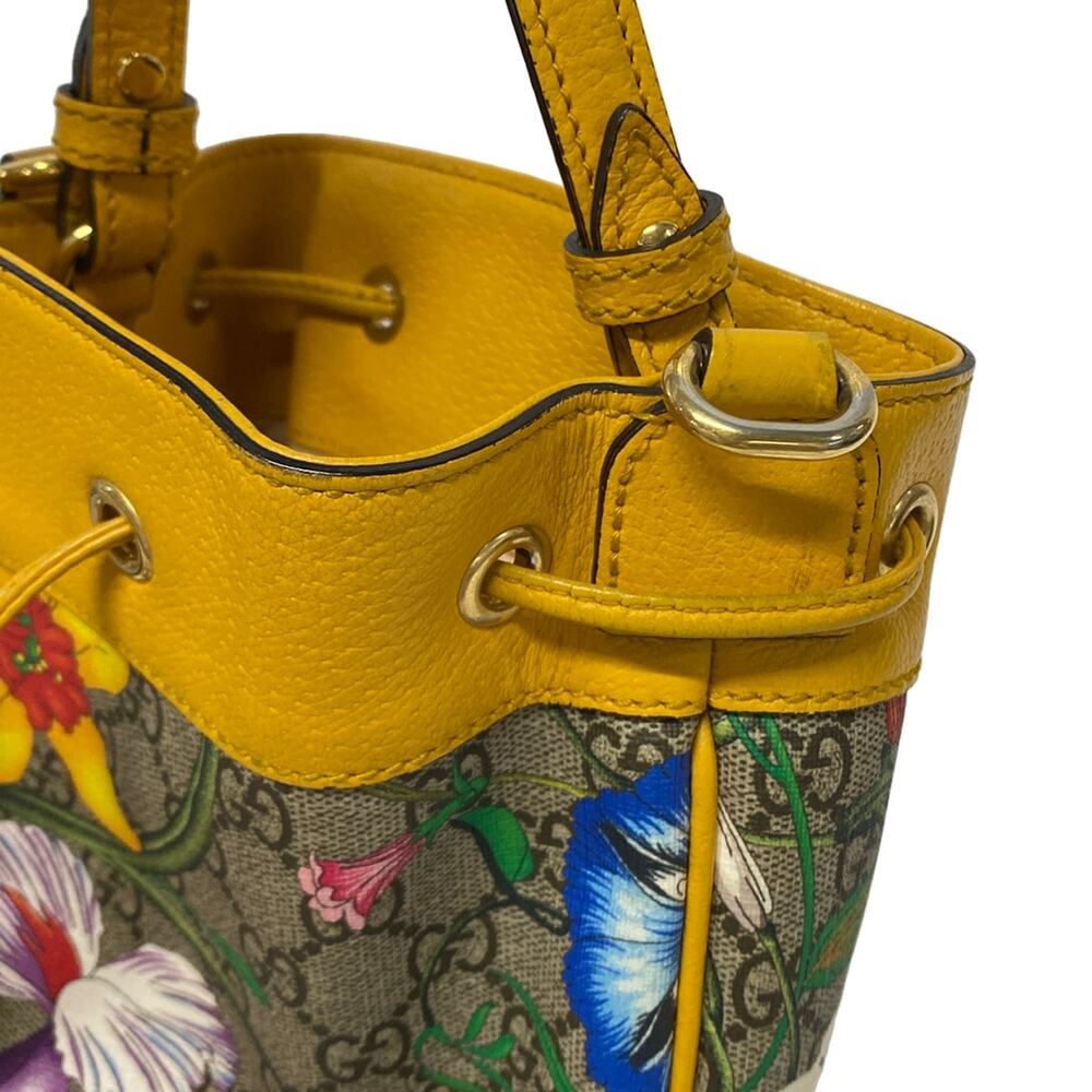 Gucci GG Supreme Ophidia Flora Small Bucket Handbag 550621 Yellow Dark Brown - Picture 14 of 15